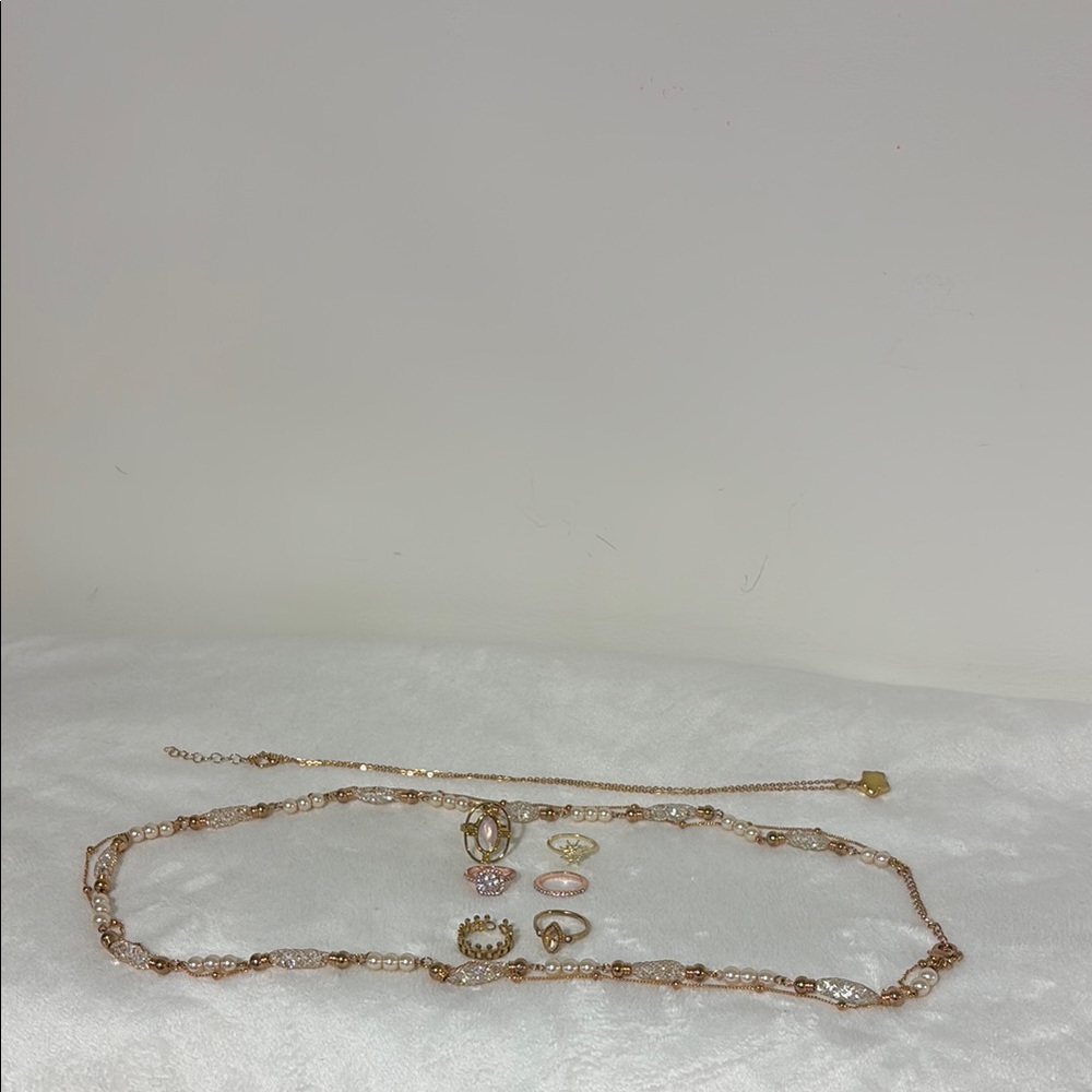 Gold, Silver and Rose Gold Costume Jewelry Set of 6 Rings and 2 Necklaces
